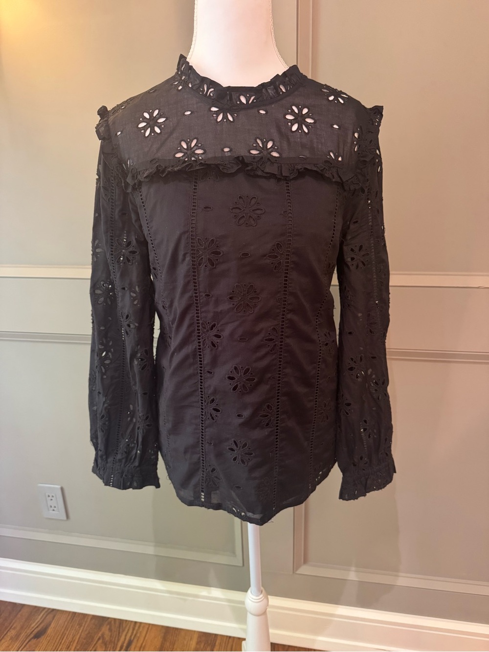 J. Crew Black Eyelet Ruffle Yoke Blouse size M
